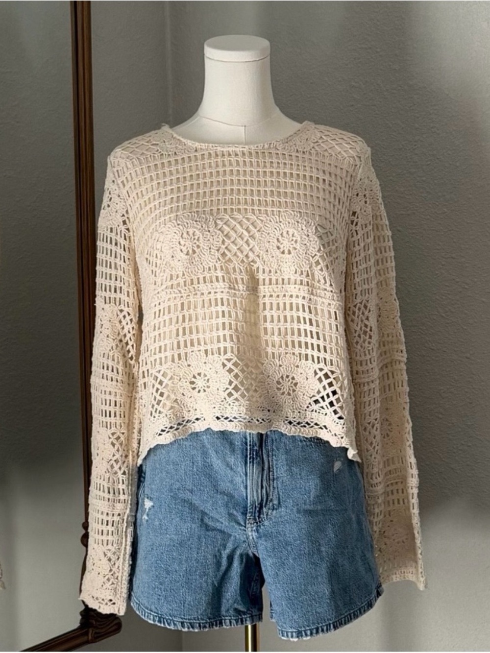 Coquette Cottagecore Cream Open Knit Crochet Long Sleeve Top